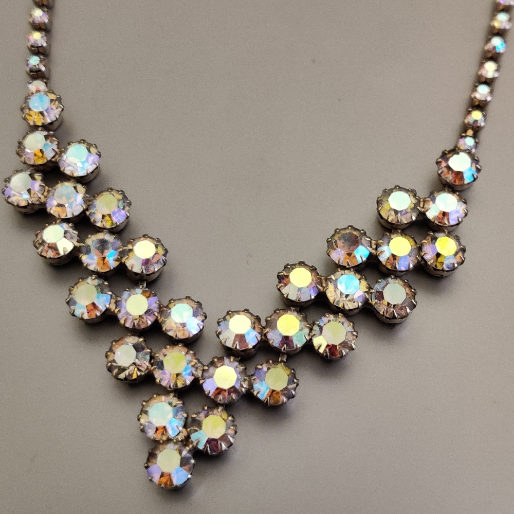 Sherman Style Sparkly Aurora Borealis Champagne Crystals Necklace Vintage 60s